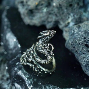May include: A silver-colored dragon ring with intricate detailing. The ring features a dragon design with its head raised and mouth open. The ring is set against a dark, textured background.