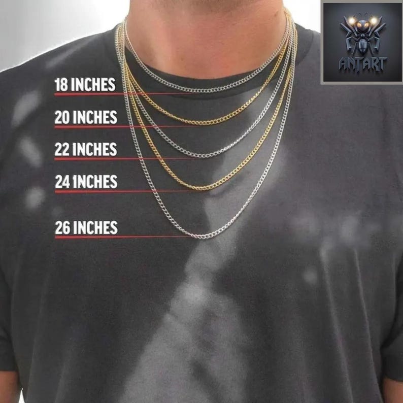 May include: A size guide for a silver and gold chain necklace. The chain is shown in five different lengths: 18 inches, 20 inches, 22 inches, 24 inches, and 26 inches.