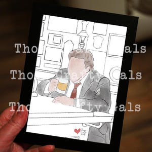 May include: A framed art print featuring a watercolor illustration of a person in a suit holding a beer mug. The artwork has a minimalist style with a neutral color palette and is set in a bar scene.