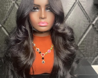 Peluca prefabricada de 6x6 pulgadas, color negro azabache, 26 pulgadas (envío al día siguiente), tamaño mediano.