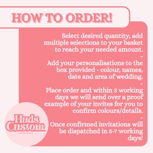 May include: A pink graphic with the text "HOW TO ORDER!" and instructions for ordering custom invitations. The instructions include selecting quantity, adding personalization details, and confirming proofs. A logo for "Huds Custom" is also present.