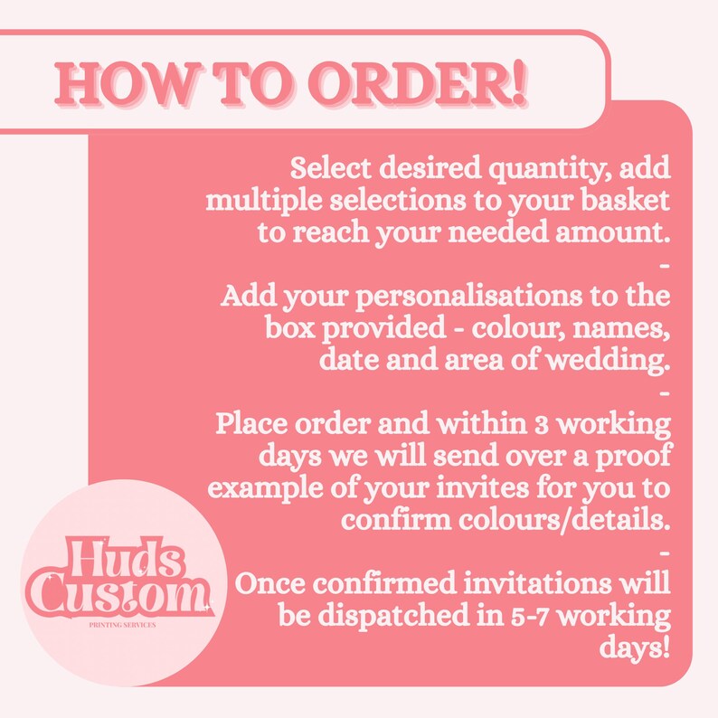 May include: A pink graphic with the text "HOW TO ORDER!" and instructions for ordering custom invitations. The instructions include selecting quantity, adding personalization details, and confirming proofs. A logo for "Huds Custom" is also present.