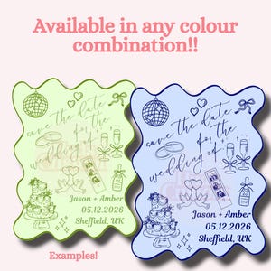 May include: Two wedding invitation examples in green and blue, featuring illustrations of a disco ball, rings, champagne flutes, cake, and photo booth strips. Text reads "Save the date for the wedding of..." and includes names and a date.