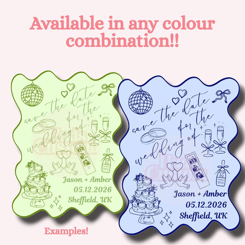 May include: Two wedding invitation examples in green and blue, featuring illustrations of a disco ball, rings, champagne flutes, cake, and photo booth strips. Text reads "Save the date for the wedding of..." and includes names and a date.