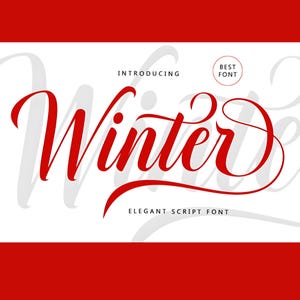 May include: A graphic design with the word "Winter" in a striking red script font. The design includes the text "Introducing" and "Elegant Script Font" in a smaller font, with a "Best Font" badge.