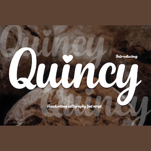 Pode incluir: Design gráfico com a palavra "Quincy" em branco, em escrita cursiva, com um coração acima do "i". O fundo é castanho desfocado e texturizado. O texto diz "Introducing" e "Handwriting calligraphy font script".