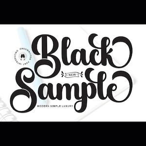 May include: Black Sample text in a bold, handwritten font. The design includes the words "Introducing Handwritten Font" and "Modern Simple Luxury". A light blue pen rests on the white background.