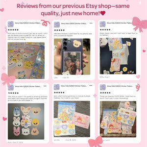Peut inclure: Cinq avis clients pour les flocons d'autocollants Stray Kids SZKOO. Chaque avis comprend une note de cinq &eacute;toiles, un commentaire et une photo des autocollants. Les autocollants repr&eacute;sentent des animaux de dessin anim&eacute; avec des couleurs vives et une vari&eacute;t&eacute; de motifs.