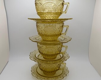 8 Piece Set Vintage 1934 Depression Glass Federal Glass Mayfair Open Rose Amber Yellow Tea Cup Mug and Plate