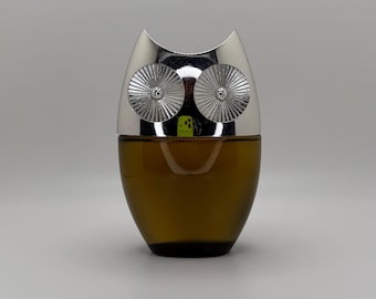 Vintage AVON Owl Shaped Leather After Shave Full Bottle Art Deco Brown Tinted Glass 5”
