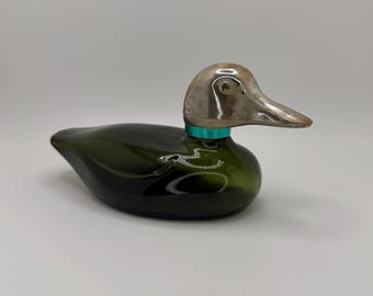 Vintage 1967 Avon Aftershave Mallard Duck Decanter Green Glass Silver Head Empty 8”