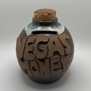 Vintage Handmade Ceramic Vegas Money Piggy Bank Jar 7”