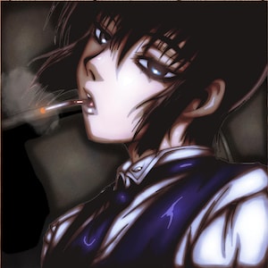 May include: Anime-style illustration of a person smoking a cigarette. The character has dark hair and is wearing a white and navy blue uniform. Smoke is rising from the cigarette, and the background is dark.