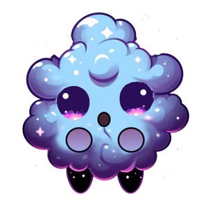 May include: A cartoon cloud with a blue and purple gradient, sparkling stars, and large, wide eyes. The cloud has a small, black nose and a surprised expression.