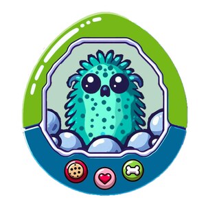 May include: A green and blue digital pet toy with a cartoon creature inside. The creature is green with blue spots and has large eyes. The toy has three buttons: a heart, a bone, and a cookie.