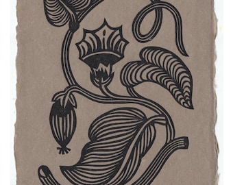 Handmade Floral Linocut Print – Botanical Wall Art – Block Print Home Decor - 5x7 in.