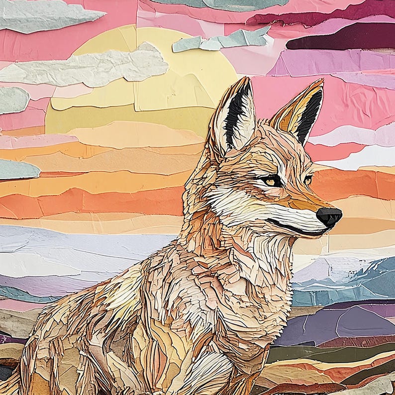 May include: A paper collage artwork featuring a coyote in profile, set against a sunset with pink, orange, and yellow hues. The coyote's fur is detailed with shades of brown and tan. The background includes layered paper mountains and clouds.