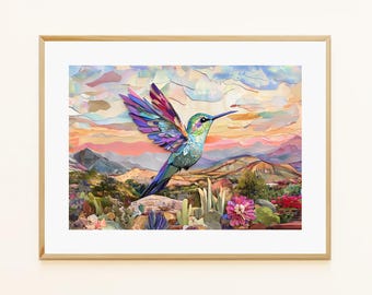 Hummingbird Desert Bloom Art Print – Kids' Room Nature Decor