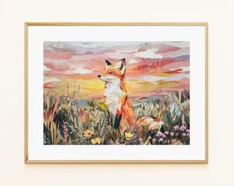 Fox in Golden Meadow Art Print – Woodland Nursery Decor