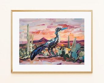 Roadrunner Art Print - Desert Sunset, Nursery Wildlife Decor