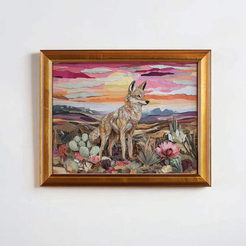 May include: Framed artwork featuring a coyote in a desert landscape. The artwork has a warm color palette with pink, orange, and purple hues in the sky. The coyote is tan and brown, standing among cacti and flowers.