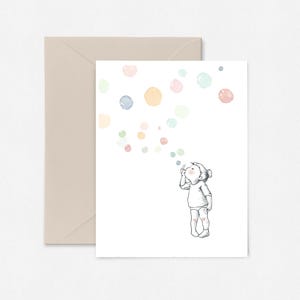 Carte de voeux enfant soufflant des bulles, aquarelle adorable carte soufflant des bulles d'enfant, cadeau de baby shower, cadeau d'anniversaire de bébé, A2