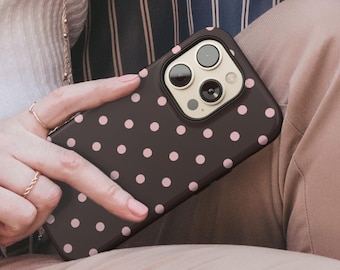 Funda Magsafe con lunares en color marrón y rosa, diseño vintage resistente para iPhone, Samsung y Pixel.