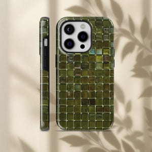 Mediterranean MOSAIC Tile Print Phone Case, Olive Green Grid Design Cover