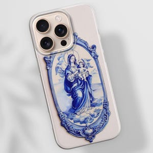 Jungfrau Maria Handytasche Blau Toile de Jouy Style Cover für iPhone 16 Pro,15,14,13,Pixel 9,8A,Samsung S22,S23,S24 fe,S25,A16,A55,A56