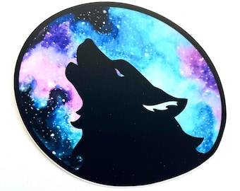 Galaxy Black Wolf Howling at the Moon Vinyl Matte Sticker | Watercolor Animal Sticker | Laptop Water Bottle Sticker