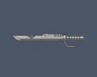 May include: A silver-colored sword with a straight blade and a detailed handle. The blade features an emblem near the hilt. The handle has a loop guard and a textured grip. The sword is set against a dark blue background.