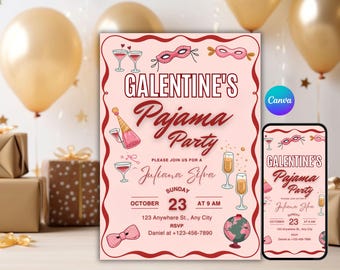 Galentines Pyjama-Party Einladung | Rosa Sleepover Girls Night einladen | Bearbeitbare Canva Vorlage |  Digitaler Download