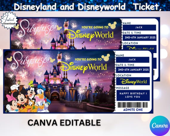 Editable Disneyland Ticket: Surprise Trip Reveal (Canva Template)
