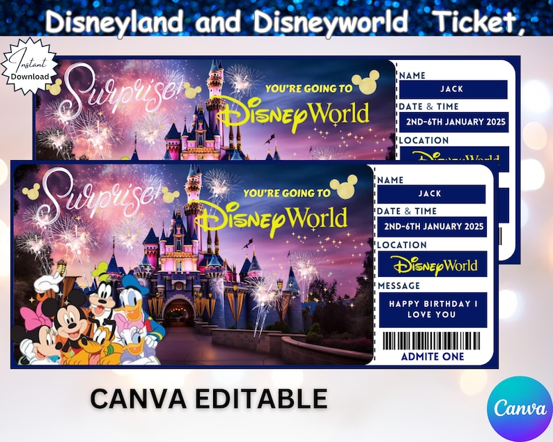 Puede incluir: Plantilla de boleto de Disney World imprimible y editable con una imagen colorida del Castillo de Cenicienta y personajes de Mickey Mouse. El texto en el boleto dice "You're going to Disney World" y "Feliz cumplea&ntilde;os, te quiero".