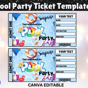 Pool Party Ticket Template,  Surprise Reveal, Surprise Gift Ticket, Pool Party Invite, Personalized Ticket, Custom Ticket, Birthday Ticket
