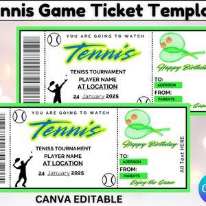 Printable Tennis Game Ticket Template, Birthday Surprise Ticket, Tournament Gift Ticket,  Tennis Gift Voucher, Instant Download