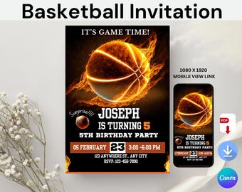 May include: Basketball-themed birthday invitation with a fiery orange basketball, the text "It's Game Time!" and "Surprise!!! Joseph is turning 5. 5th Birthday Party" and details for the party on 5th February.