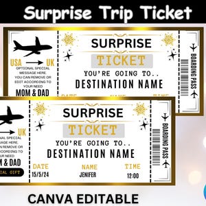 Editable Surprise Trip Ticket, Surprise Trip Reveal, Surprise Gift, Trip Announce Editable Ticket, Vacation Voucher, Canva Editable