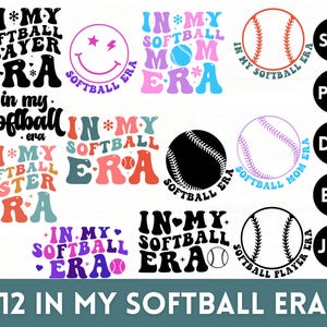 Pode incluir: Doze designs digitais coloridos com o texto "In My Softball Era" com vários gráficos temáticos de softball, incluindo uma bola de beisebol, um rosto sorridente e um coração. Os designs estão disponíveis nos formatos SVG, PNG, DXF, EPS e JPG.