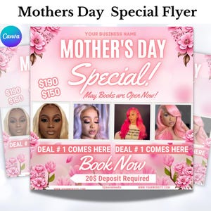 Speciale moederdagflyer, boekingsflyer mei, socialmediapost voor Moederdag, Moederdagdeals Haarvlechten Make-up, bewerkbaar op canvas