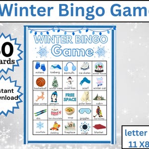 Juego de bingo digital de invierno, Noche de juegos en familia, Tarjeta de bingo de invierno, Bingo navideño, Actividades de invierno, Descarga instantánea, Bingo de invierno,