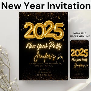 2025 New Year Invitation, Editable New Year Invitation, New Year Party Invite, Digital New Years Eve Party Invitation, Black Gold Evite