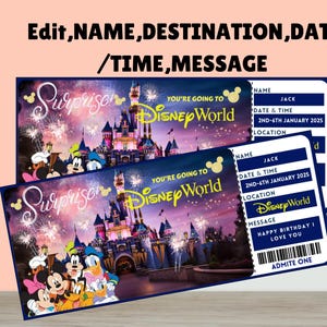 Puede incluir: Un boleto imprimible de Disney World con un fondo morado y una imagen del Castillo de Cenicienta. El boleto dice "&iexcl;Sorpresa! &iexcl;Vas a Disney World!" y tiene un espacio para completar el nombre, la fecha, la hora y el mensaje.