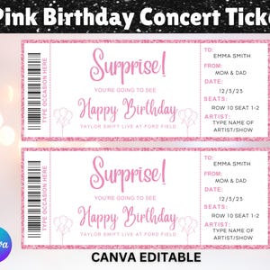 Rosa Geburtstags-Konzertkarte, Überraschungs-Geburtstagsgeschenk Rosa Karte, Geburtstags-Konzertkarte, Konzert offenbaren Geschenk, Canva Bearbeitbar