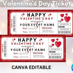 Valentinstag Ticket, Valentinstag Gutscheine, Überraschungsgeschenk Ticket, Event Ticket Vorlage, Geschenk für Sie, Canva Vorlage, Liebesgutscheine