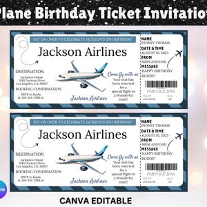 Bearbeitbare Flugzeug-Geburtstagskarten-Einladung, Flugticketgeschenk, Flugzeug-Geburtstagsfeier, Überraschungsreiseticket, Bordkarte, Geburtstagsreise
