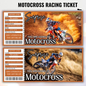 May include: Two motocross racing tickets with a rider on a motorcycle. The tickets have the text "MOTOCROSS RACING TICKET", "Surprise", and "YOU ARE GOING TO Motocross". The tickets also have the name "Alexander" and the date "11.22.2025".