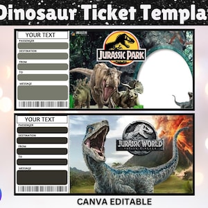 Op de afbeelding: Twee printbare dinosaurus-tickettemplates. De bovenste template heeft een groene dinosaurus met de tekst "Jurassic Park" en een witte ruimte voor een foto. De onderste template heeft een blauwe dinosaurus met de tekst "Jurassic World" en een vulkaan op de achtergrond. Beide templates hebben lege ruimtes voor tekst zoals passagier, bestemming, van, naar en bericht.