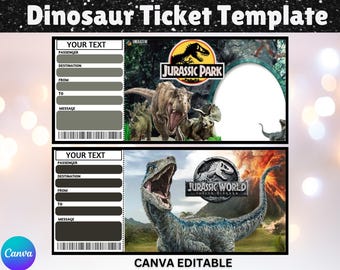 Peut inclure: Deux modèles de billets de dinosaures imprimables. Le modèle supérieur présente un dinosaure vert avec le texte "Jurassic Park" et un espace blanc pour une photo. Le modèle inférieur présente un dinosaure bleu avec le texte "Jurassic World" et un volcan en arrière-plan. Les deux modèles ont des espaces vierges pour du texte tel que passager, destination, de, à et message.