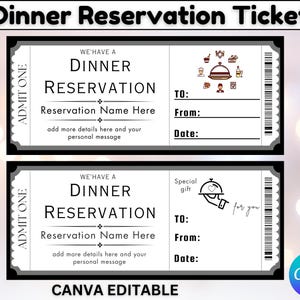 Boleto de reserva de cena, reserva de cena, plantilla de boleto, vale de cena, boleto para una cita nocturna, vale de regalo sorpresa, plantilla de Canva